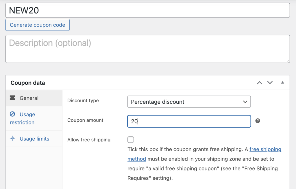 Configure the coupon details, such as the code, discount type, and amount.